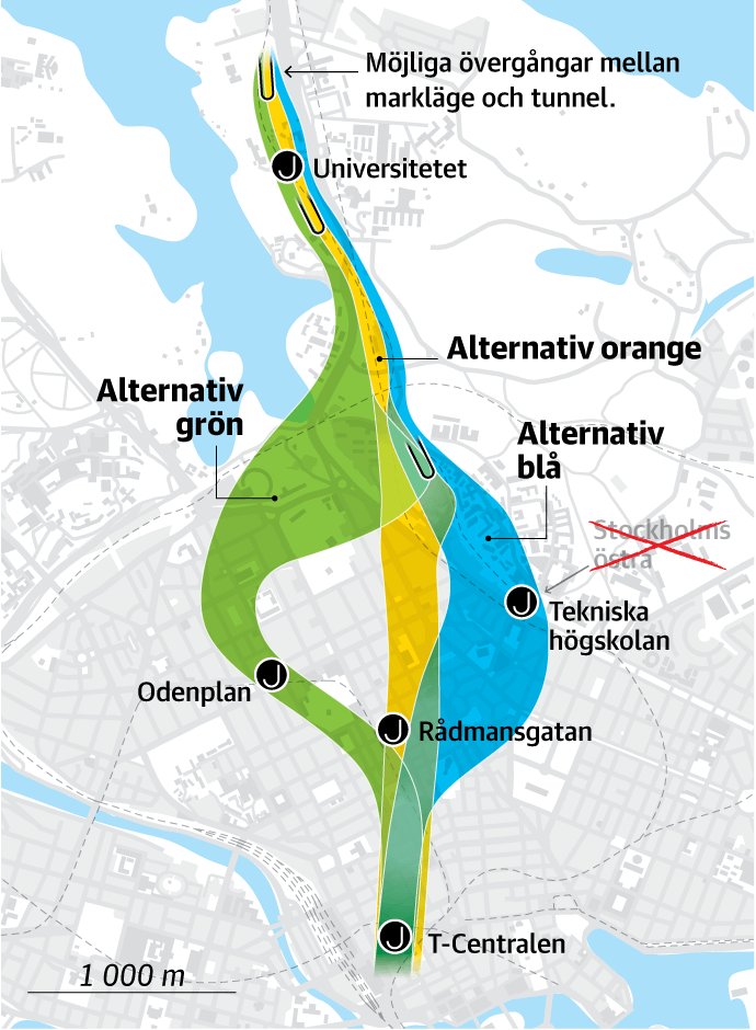 Tre alternativ för Roslagsbanan till T-Centralen