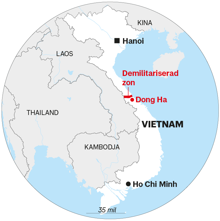 Karta över Vietnam med omgivande länder. Den demilitariserade zonen mellan Nord- och Sydvietnam är markerad.