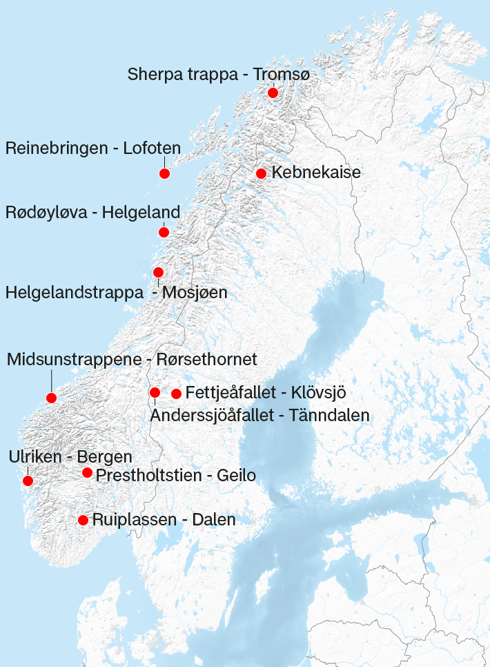 Karta över Norden som visar platser där Sherpas har byggt trappor, inklusive Tromsö, Lofoten, Kebnekaise och Bergen.