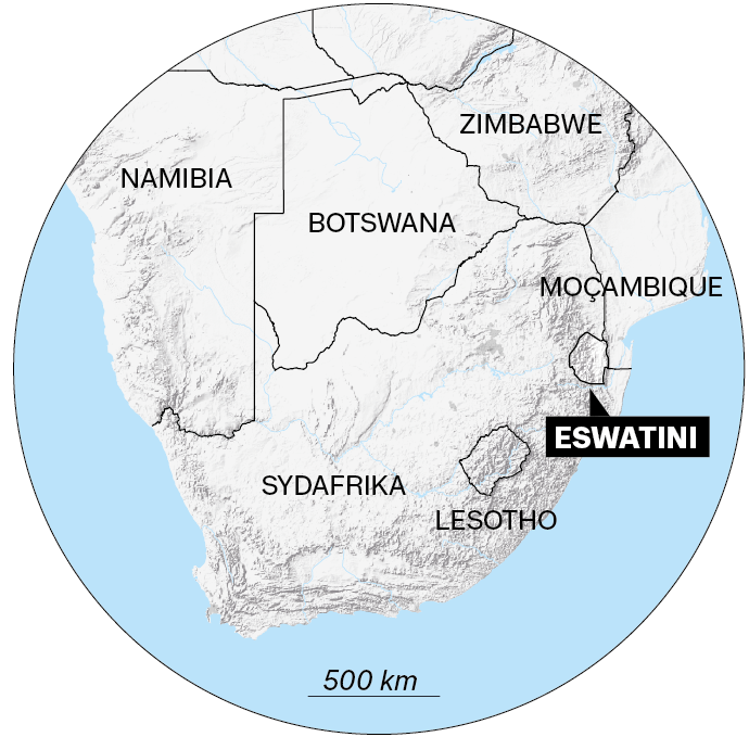 Map of southern Africa showing the small country of Eswatini, between South Africa and Mozambique.